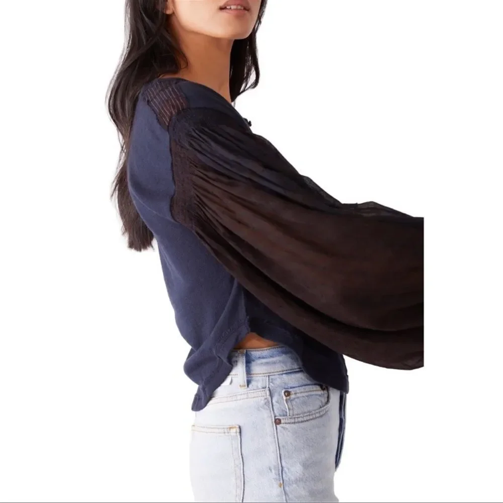 Free People Light Magic Henley Top Blouse Deep Navy XS NWT